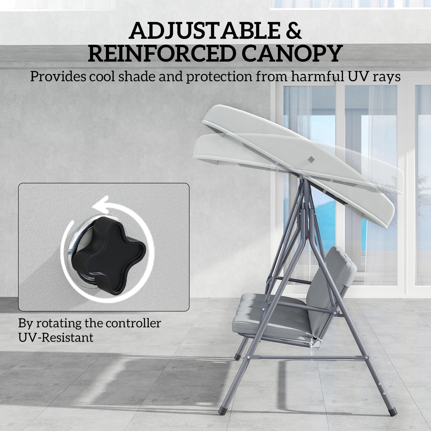 Outsunny Three Seater Garden Swing Seat With Adjustable Canopy And Removable Padded Seat And Back Cushions Light Grey