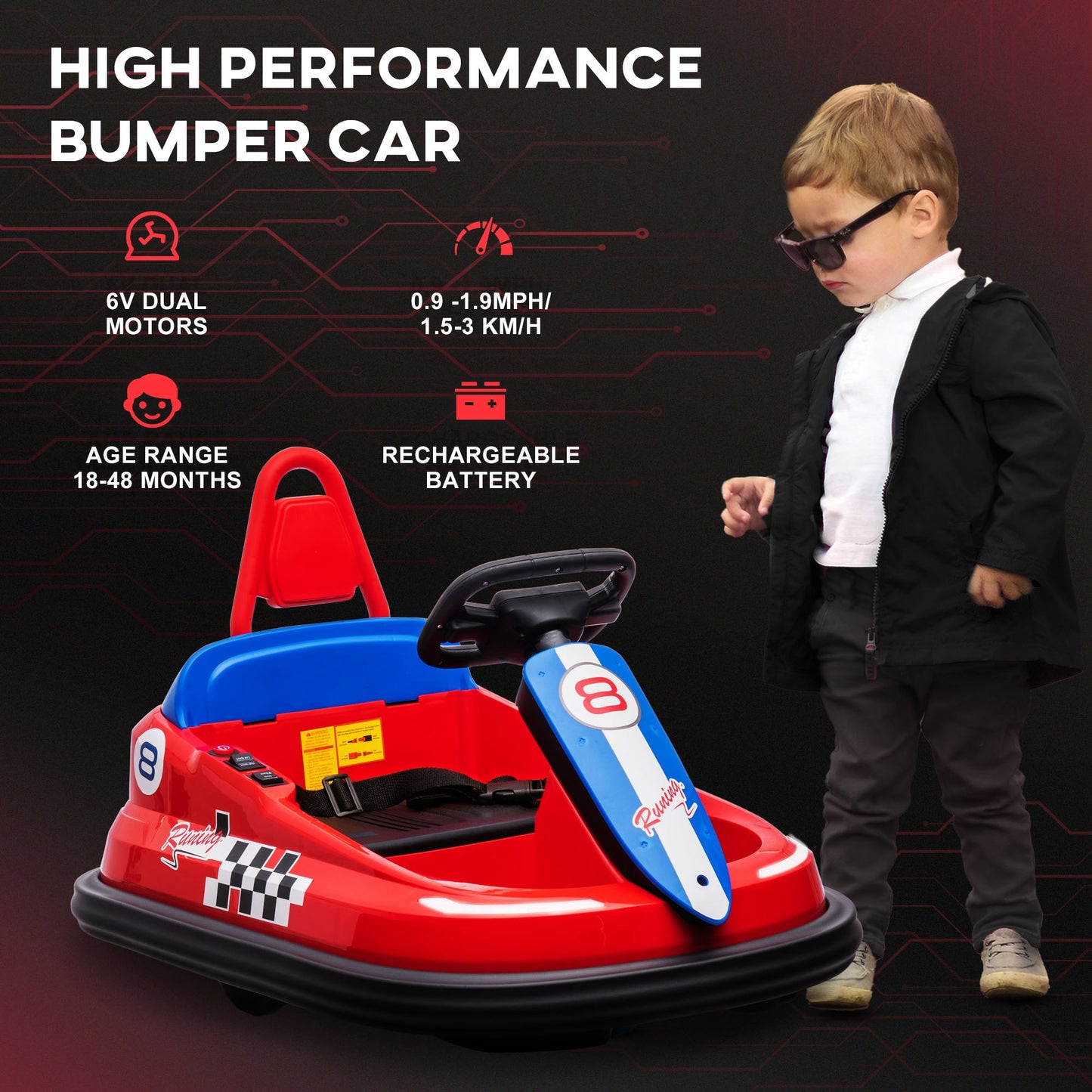 HOMCOM 360-Degree Spin Electric Bumper Car for Kids, Battery-Powered Ride-On Vehicle with Music & LED Lights, Safe for Ages 18-48 Months, Red - ALL4U RETAILER LTD