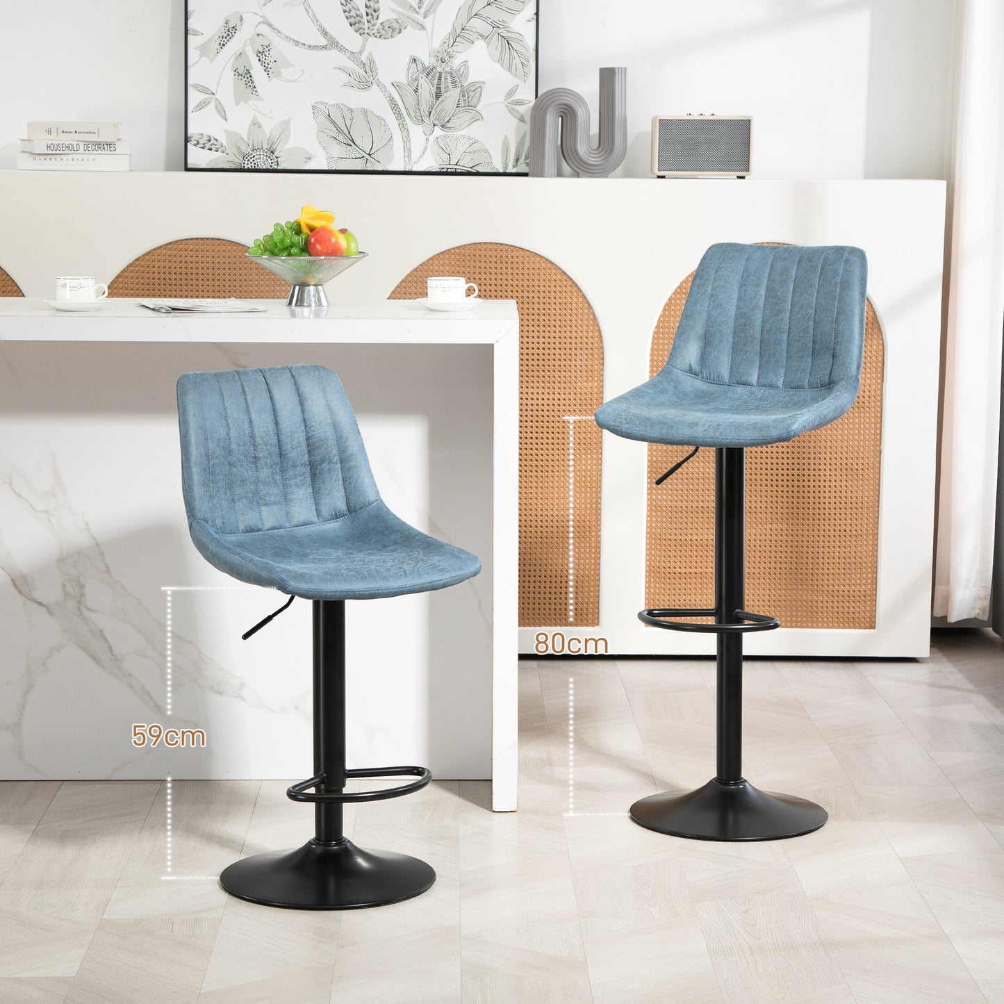 HOMCOM Retro Blue Adjustable Bar Stools Set of 2 with 360° Swivel and Footrest for Home Dining and Pub Use - ALL4U RETAILER LTD