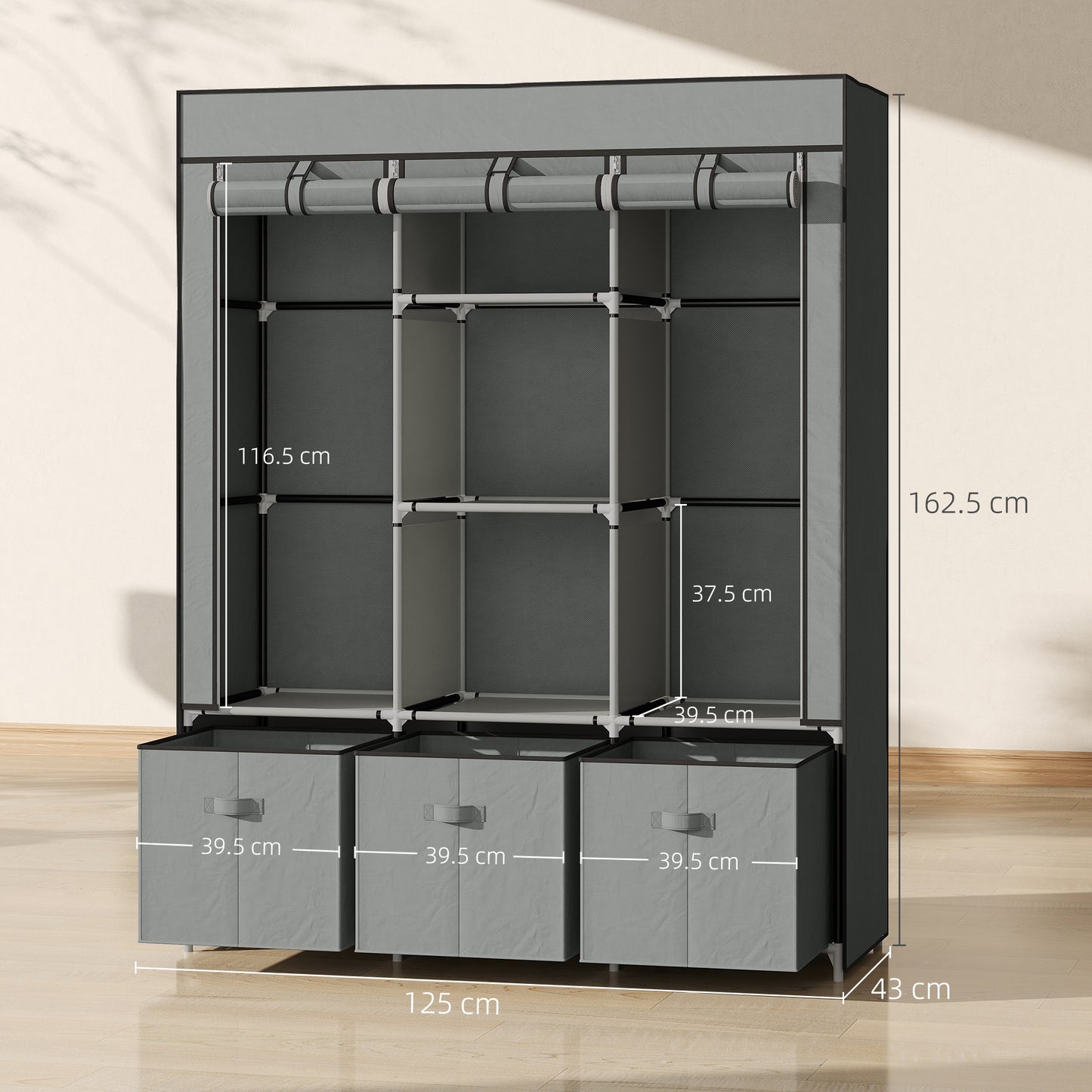 HOMCOM Foldable Fabric Wardrobe For Bedroom Portable Wardrobe 5 Shelves 2 Hanging Rails 3 Fabric Drawers Light Grey