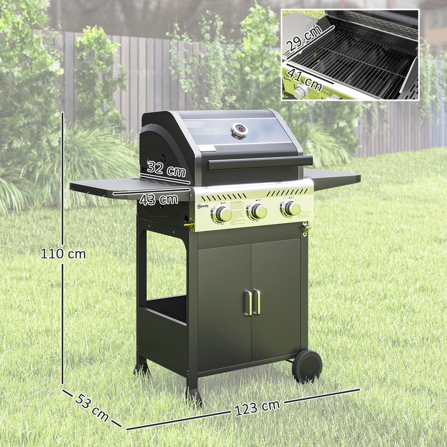 Outsunny 7.5kW Three Burner Gas BBQ Grill With See Through Lid Black For Outdoor Grilling And Family Meals