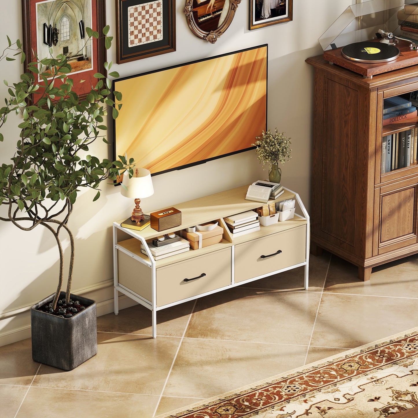 HOMCOM Industrial Style TV Stand Cabinet Natural Wood Finish With Two Drawers and Shelves and Side Pockets for 55in TV