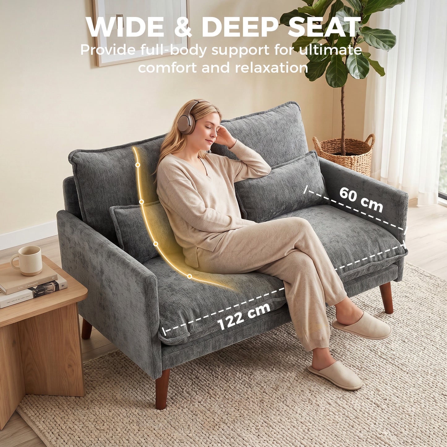 HOMCOM 2 Seater Sofa Loveseat With Pocket Springs Cushions Grey Wood Legs Compact And Comfortable