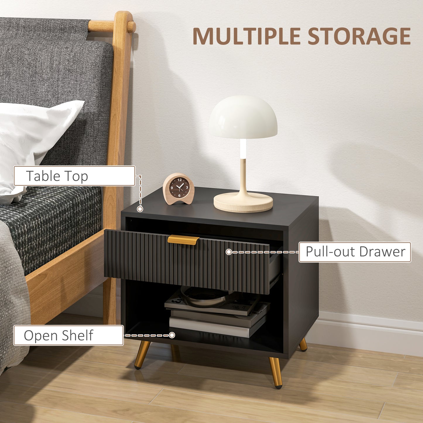 HOMCOM Elegant Bedside Table Set of 2 With Drawer and Shelf Black Gold Tone Finish