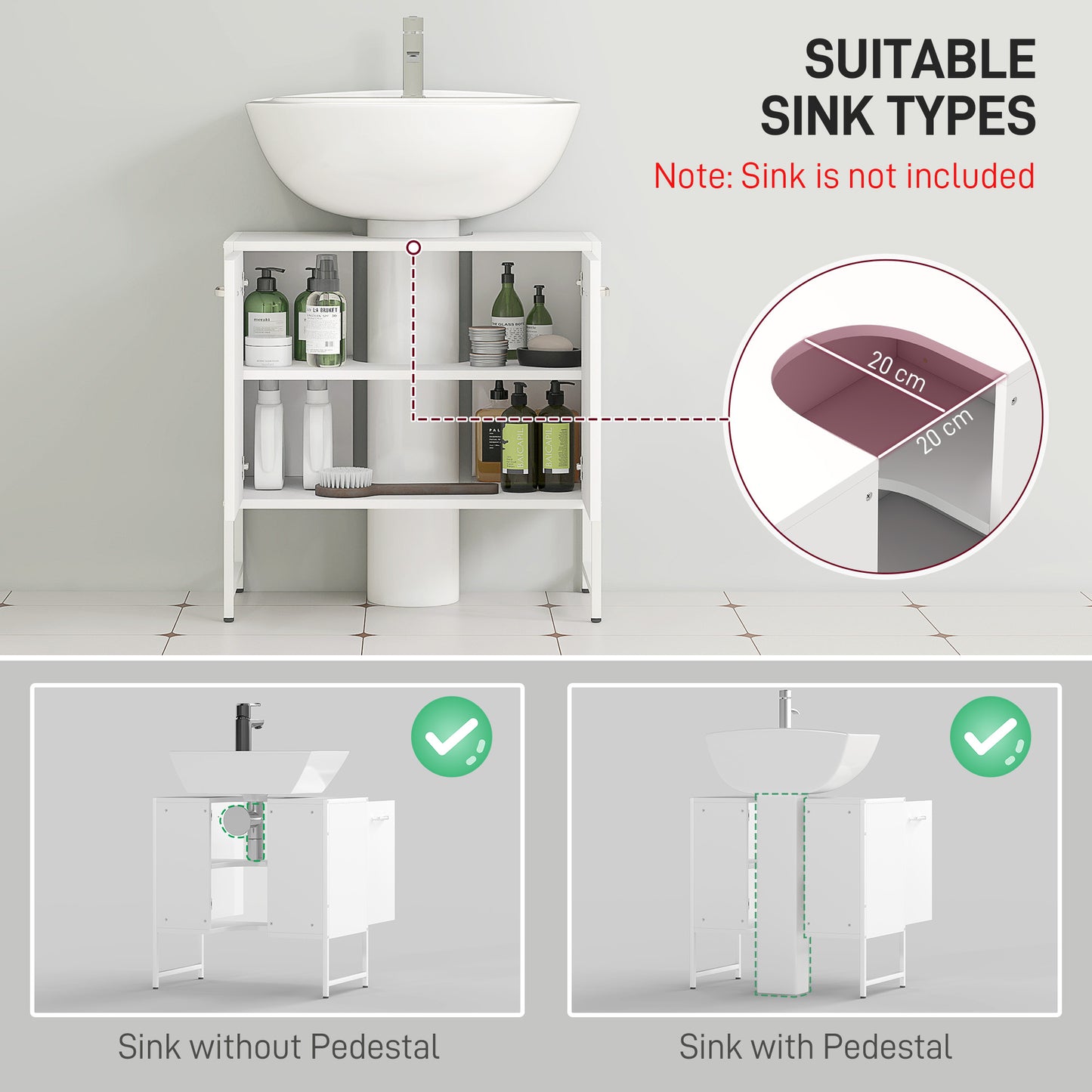 HOMCOM White Bathroom Vanity Unit Under Sink Cabinet With Soft Close Doors Fits Around Basins And Adjustable Shelving