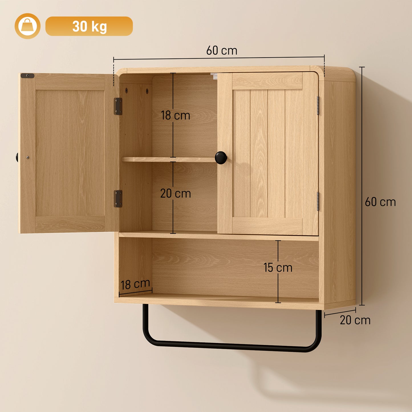 HOMCOM Oak Finish Wall Mounted Bathroom Cabinet With Two Doors And Adjustable Shelf Storage