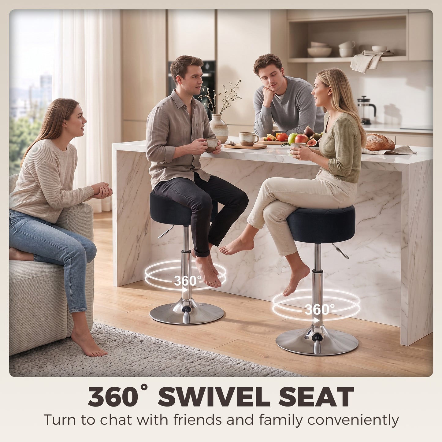 HOMCOM Adjustable Swivel Bar Stool Velvet Seat Stable Base