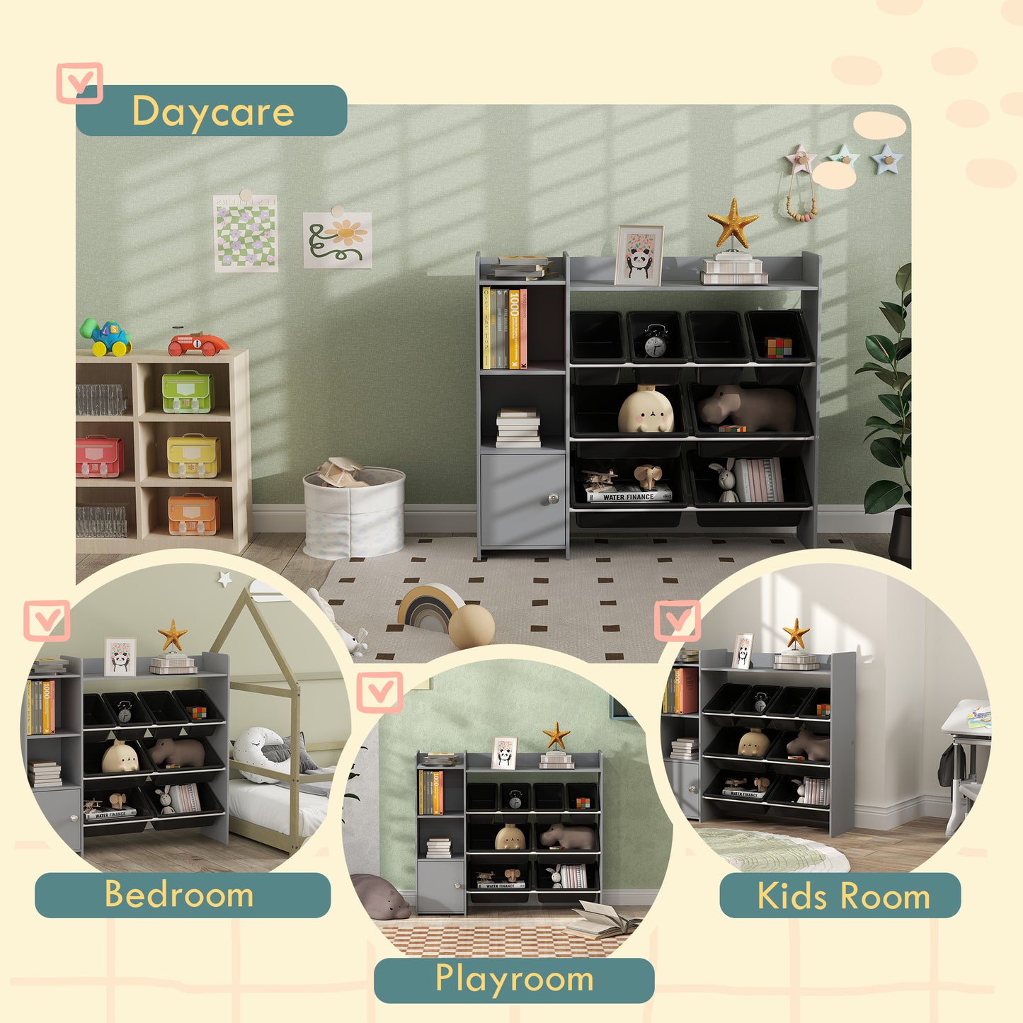 AIYAPLAY Toy Storage Unit With 8 Removable Bins Storage Shelves And Cabinet In Grey