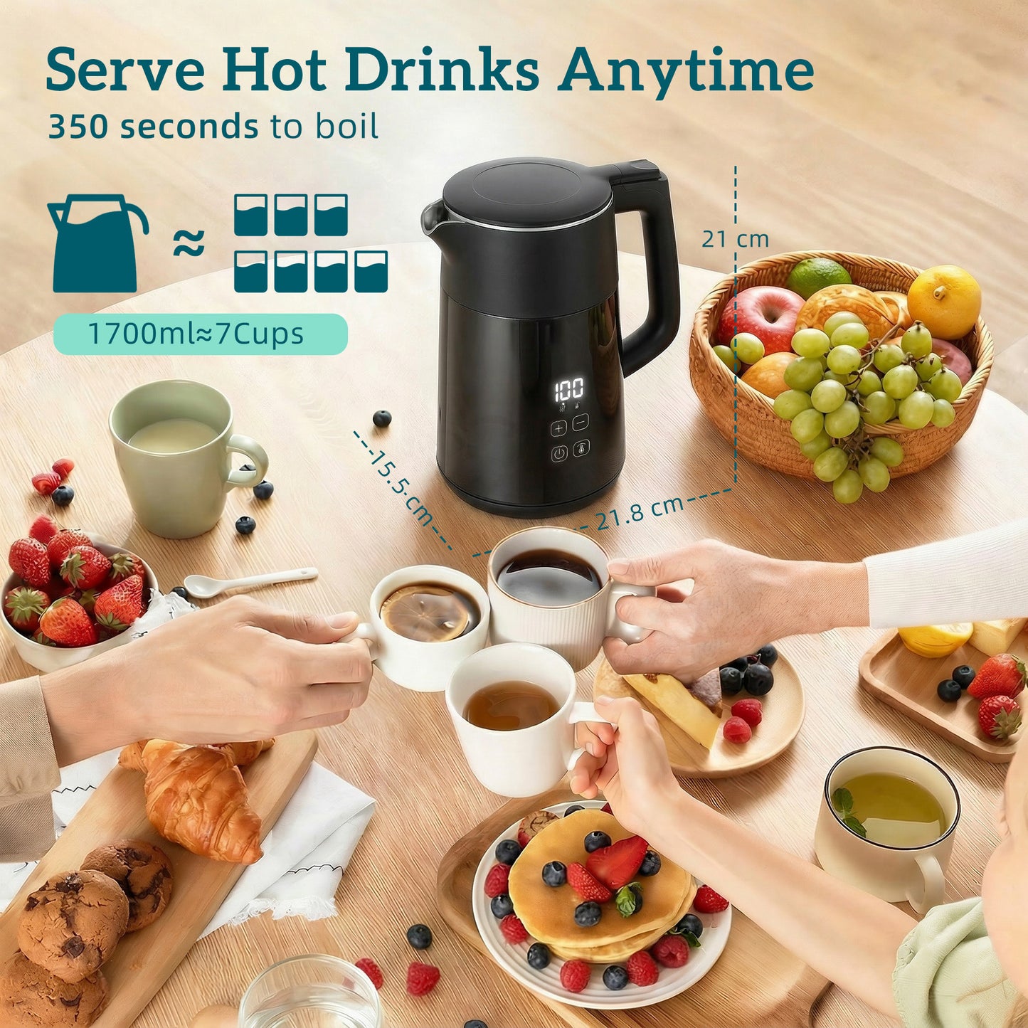 HOMCOM Electric Kettle 1.7L 3kW Fast Boil With UK Strix Thermostat LED Display Keep Warm Black