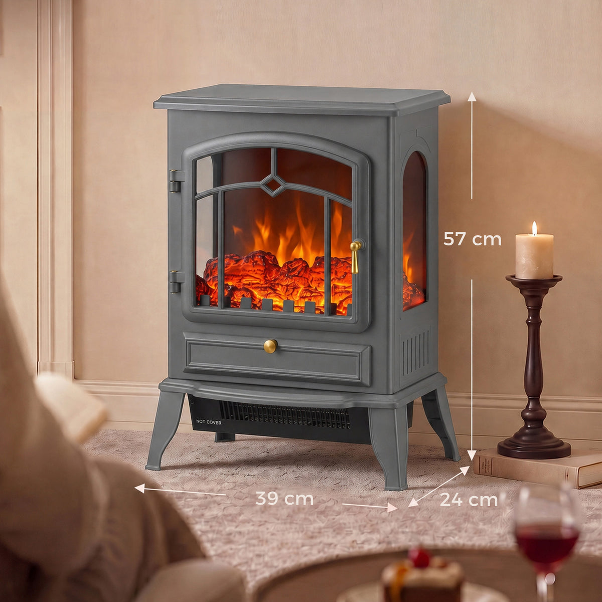 HOMCOM 3 Sided Electric Fireplace Heater with 3D Flame Log and Thermostat Grey