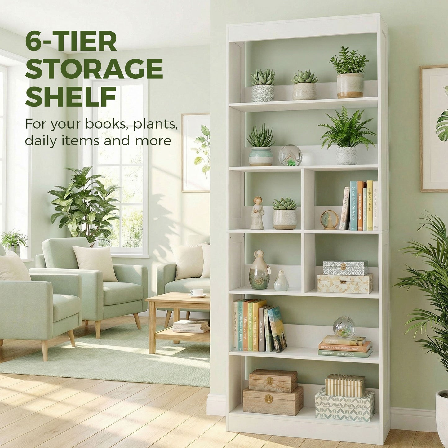 HOMCOM White 6 Tier Bookcase With Open Storage Shelves And Cubes 180 Cm Tall Display Shelf Anti Tipping Design