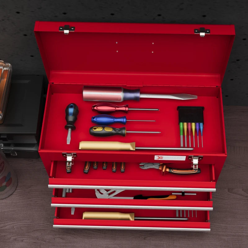 DURHAND Lockable Metal Tool Box - 3 Drawer Tool Chest with Latches, Handle, Ball Bearing Runners - Red - ALL4U RETAILER LTD