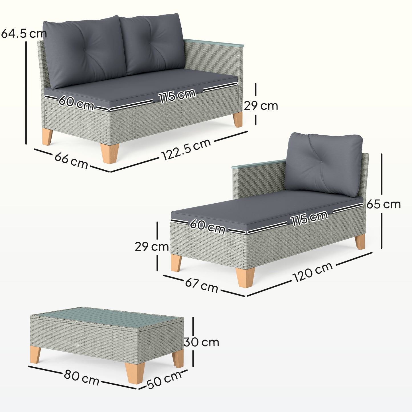 Outsunny 3 Piece Rattan Garden Furniture Set L Shaped Sofa Chaise Lounge With Wood Top Coffee Table Charcoal Grey
