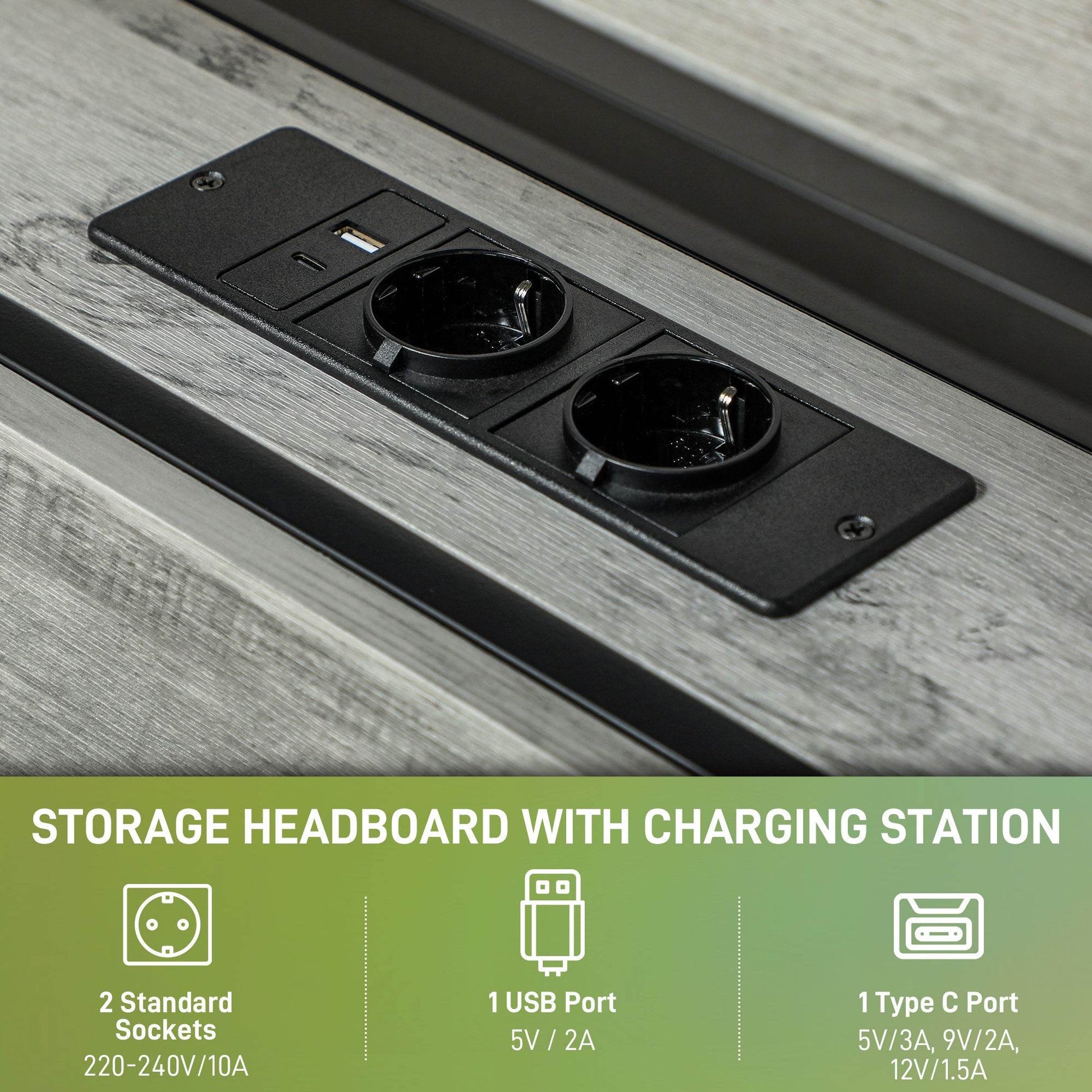 HOMCOM LED-Illuminated Single Steel Bed Frame with Charging Shelf - Grey - ALL4U RETAILER LTD