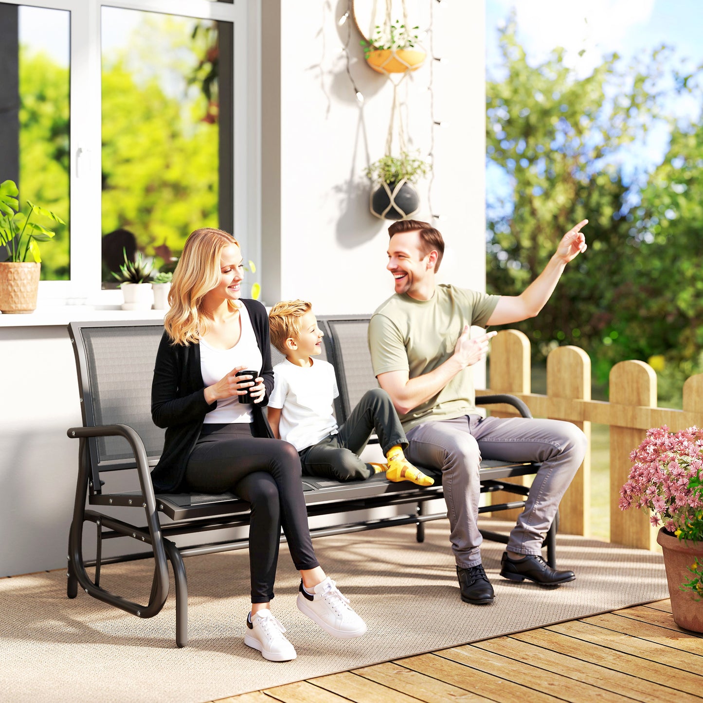 Outsunny 3-Seat Glider Rocking Chair for 3 People Garden Bench Patio Furniture Metal Frame, Grey
