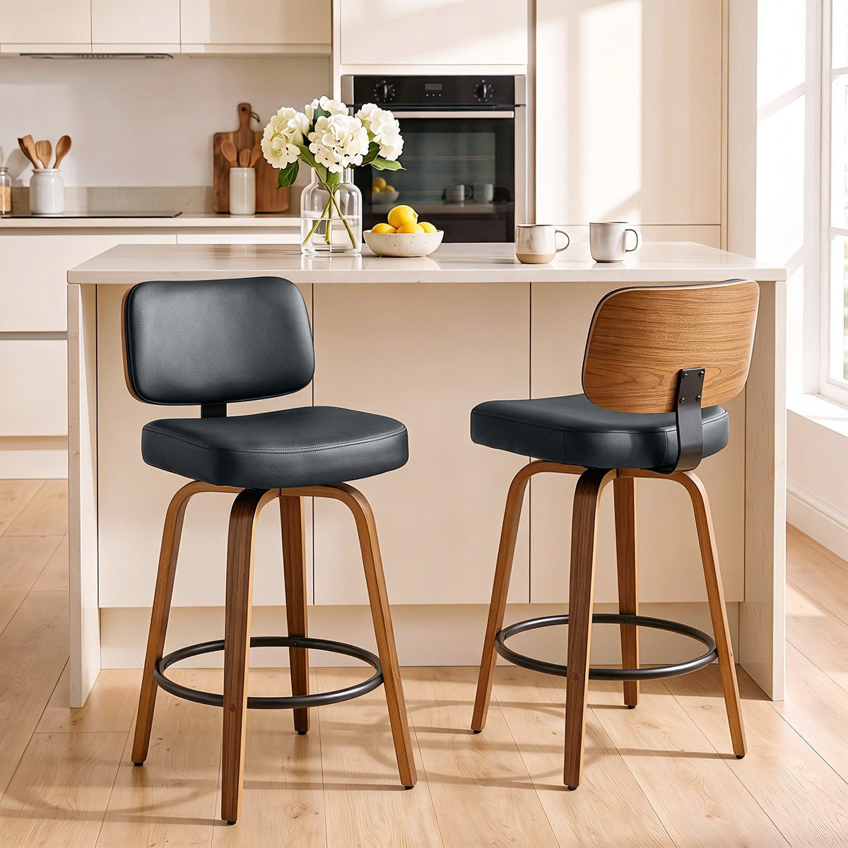 HOMCOM Swivel Bar Stools Set of 2 Padded PU Seats with Backrest and Footrest