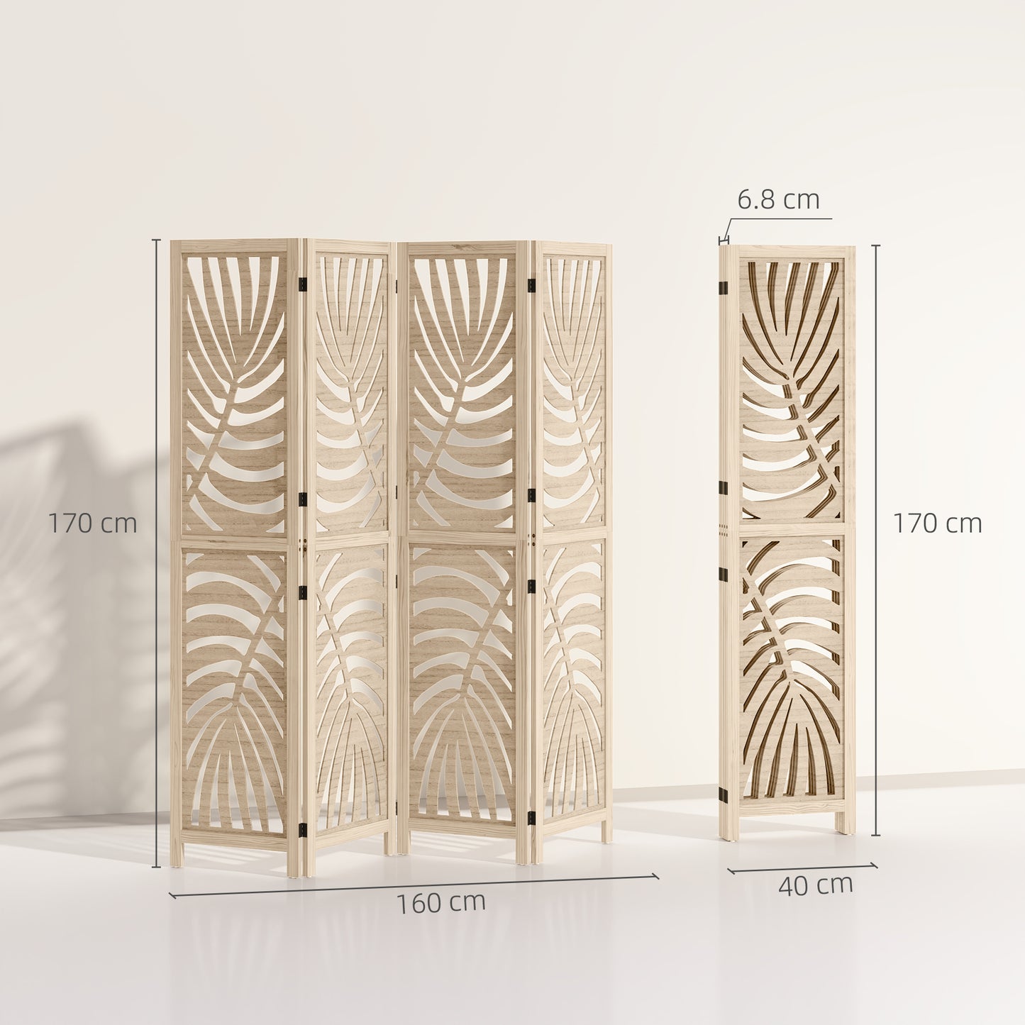 HOMCOM 4 Panel Privacy Screen Folding Room Divider Detachable Palm Leaf Design Natural Wood Finish For Home Office