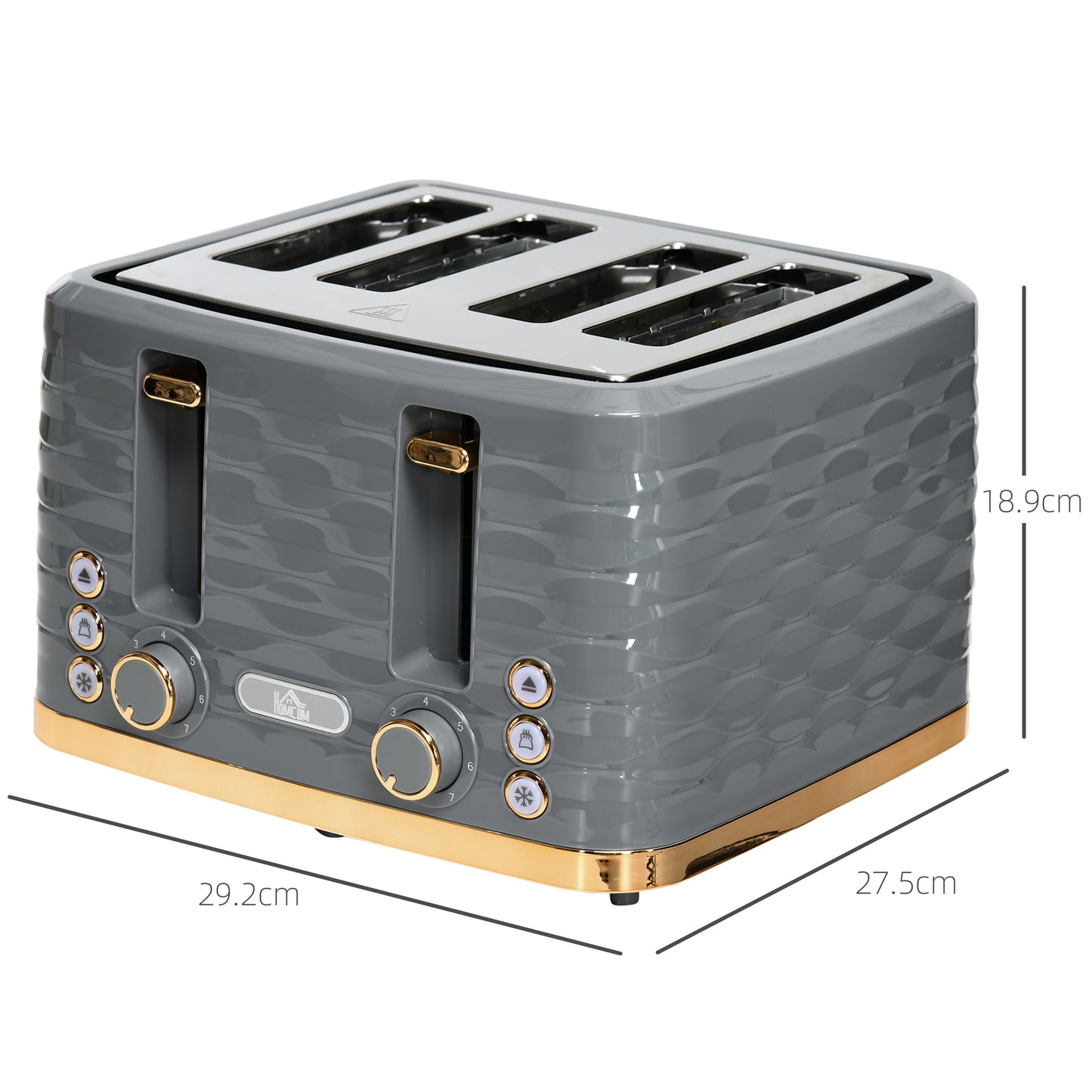 HOMCOM Four-Slice Rippled Toaster Grey With Seven Browning Levels And Auto Centring