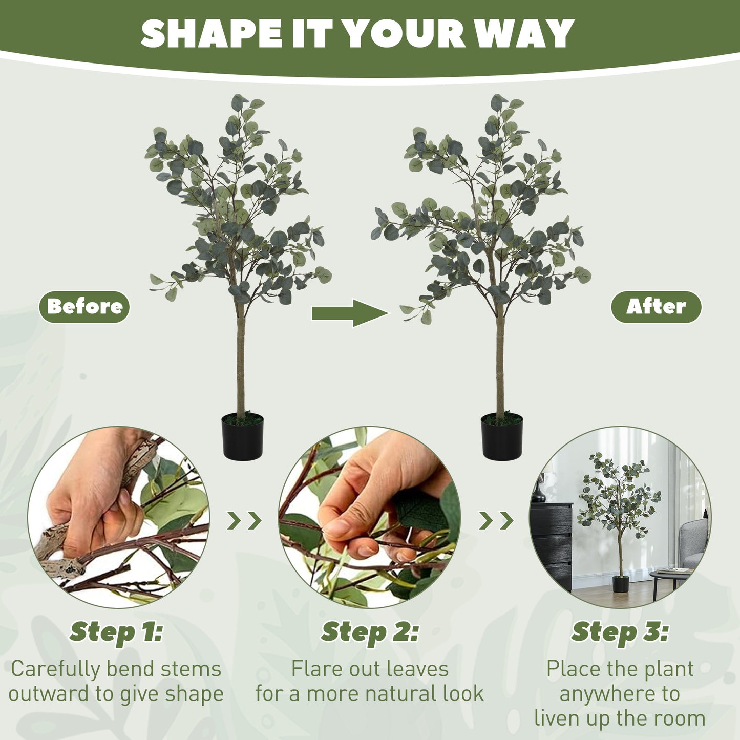 HOMCOM Set Of 2 Decorative Eucalyptus Trees 4ft 120cm With 230 Silver Dollar Leaves In Pot Indoor Decor