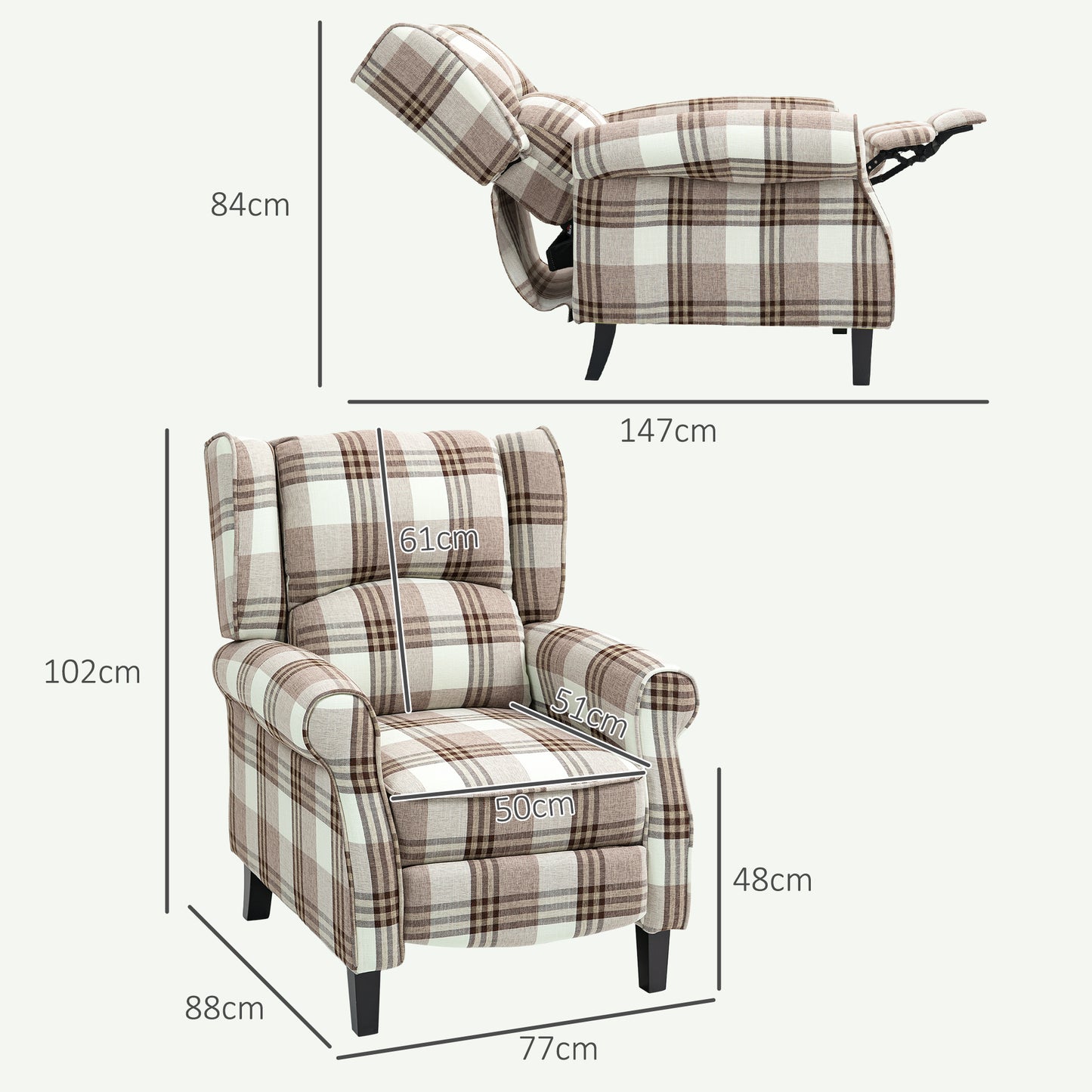HOMCOM 160 Degree Reclining Armchair With Footrest in Brown Linen Feel Upholstery for Living Room