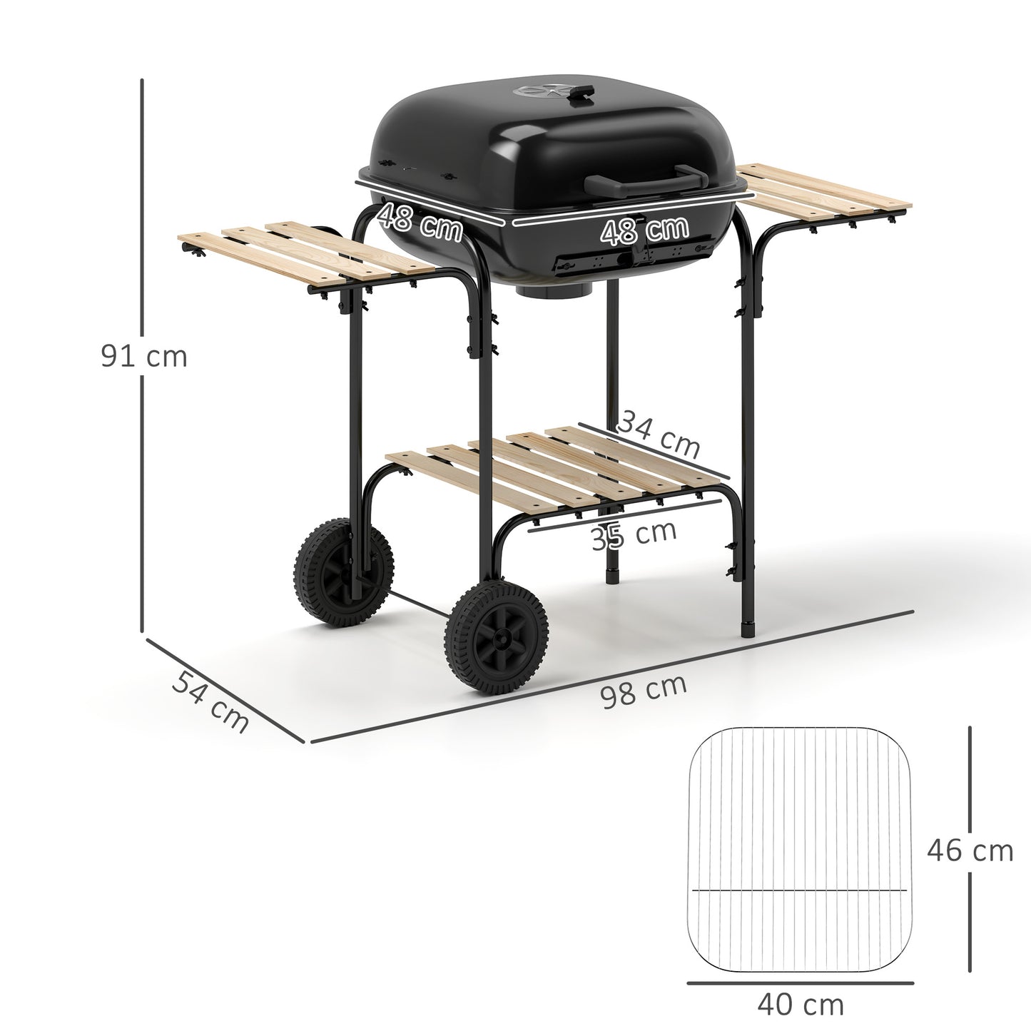 Outsunny Charcoal Portable Barbecue Grill 1840 Sq Cm Cooking Area, 3 Shelves, Adjustable Vent, Lockable Lid, Wheels
