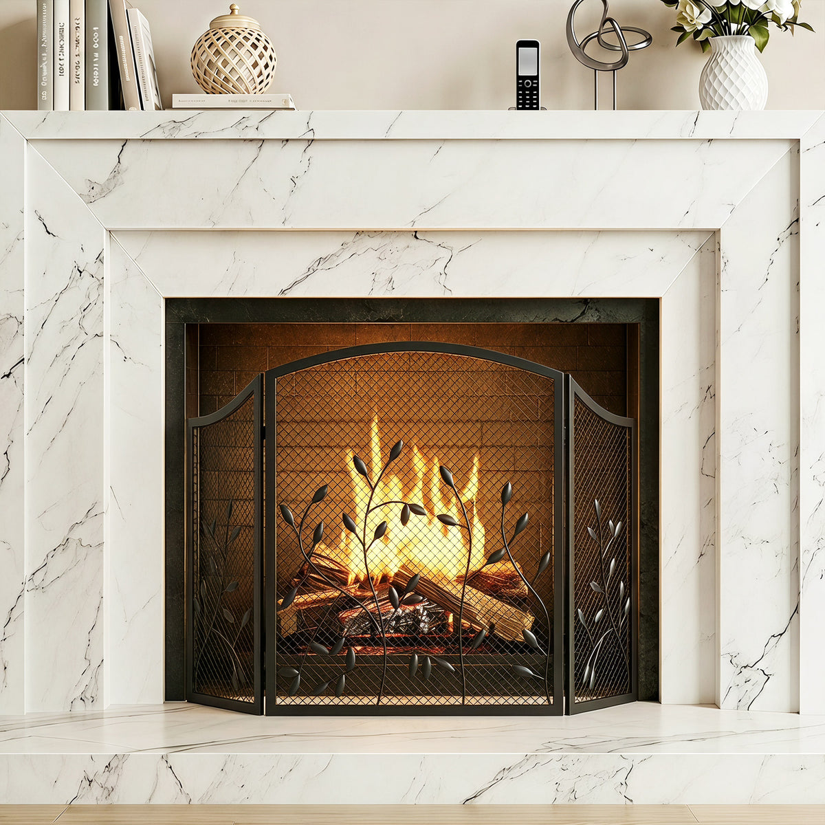 3-panel foldable metal fireplace spark guard screen with black mesh and curved frame