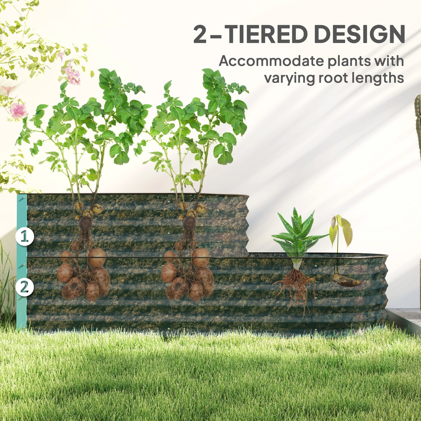 Outsunny Two Tier Galvanised Steel Garden Planter Dark Green Outdoor Plant Stand With Open Bottom