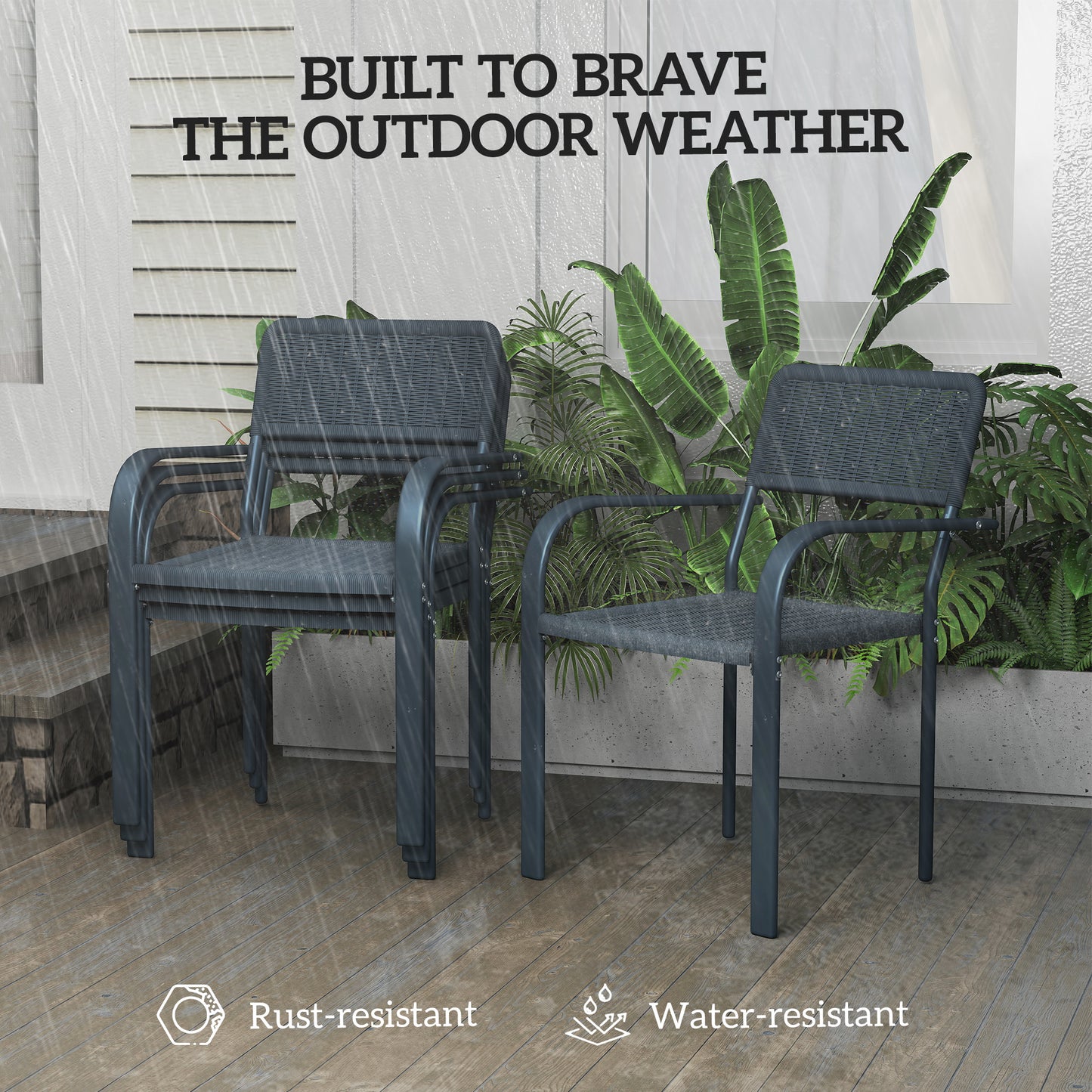 Outsunny Set Of 4 Stackable Rattan Chairs With Armrests Weather Resistant And Lightweight For Patio Balcony Dark Grey