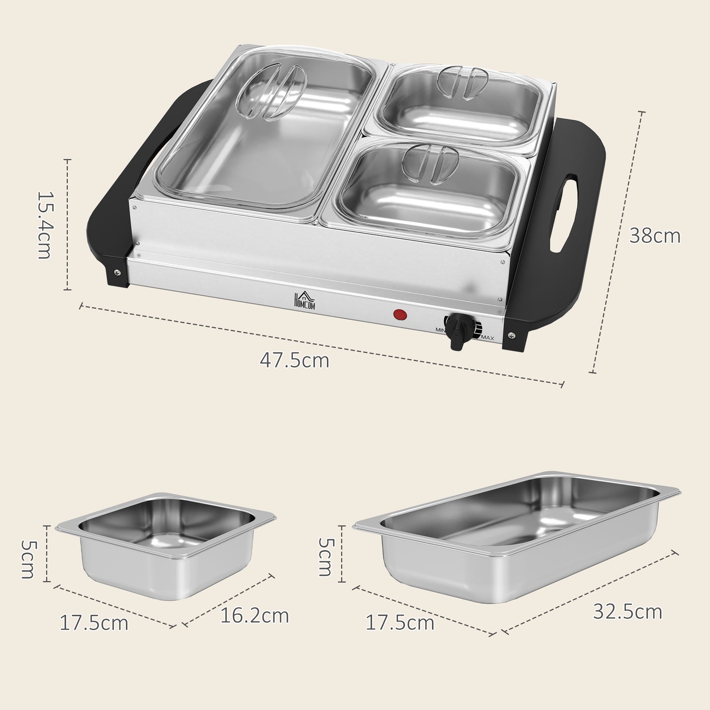 HOMCOM 4.5L Stainless Steel Electric Buffet Server Set of 2 with 3 Trays and Lids Keeps Dishes Warm