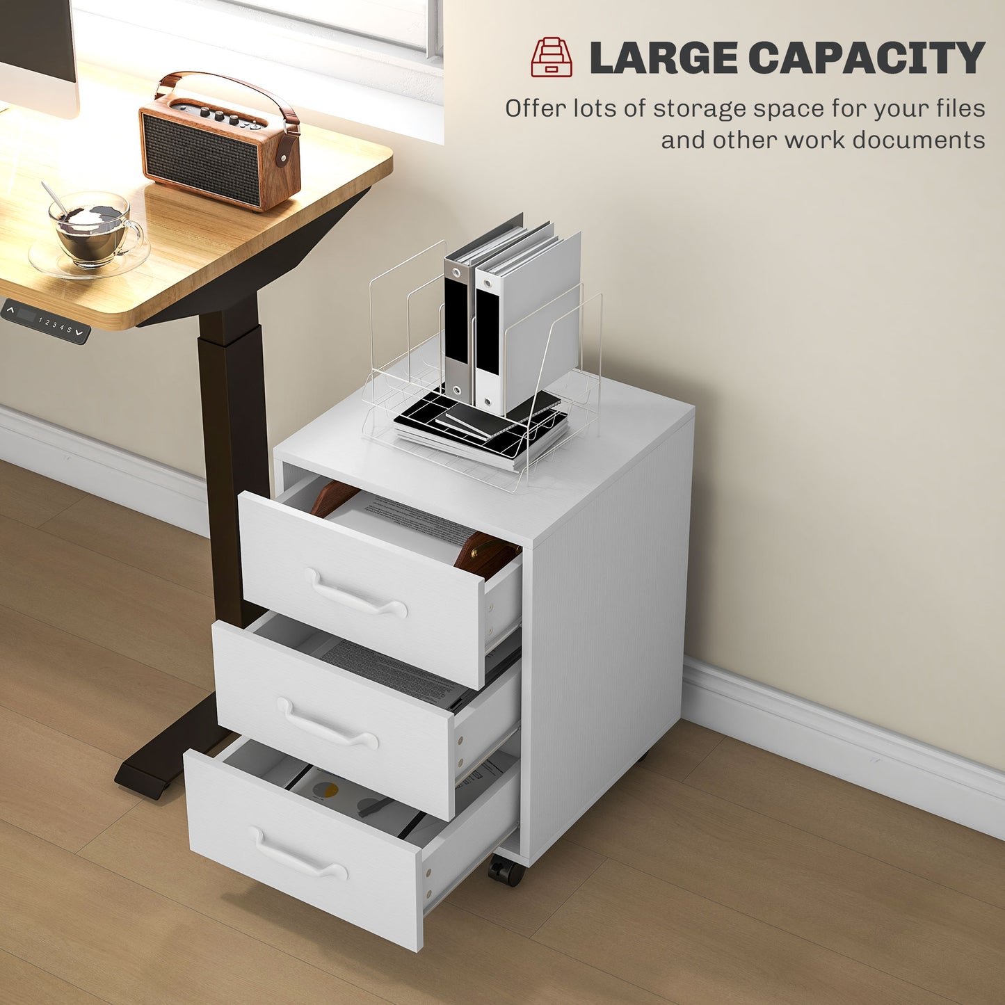 Vinsetto Compact Mobile 3-Drawer Filing Cabinet on Wheels for Home Office in White