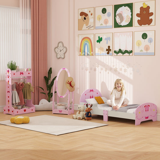 AIYAPLAY Kids Bed With Safety Rails Clothes Rail Full Length Mirror 3 Piece Pink Bedroom Furniture Set