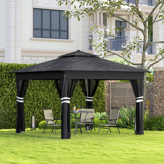 Outsunny 3.36 x 3.36m Pop Up Gazebo With Solar Powered LED Lights Netting Adjustable Height 250 To 270cm Black