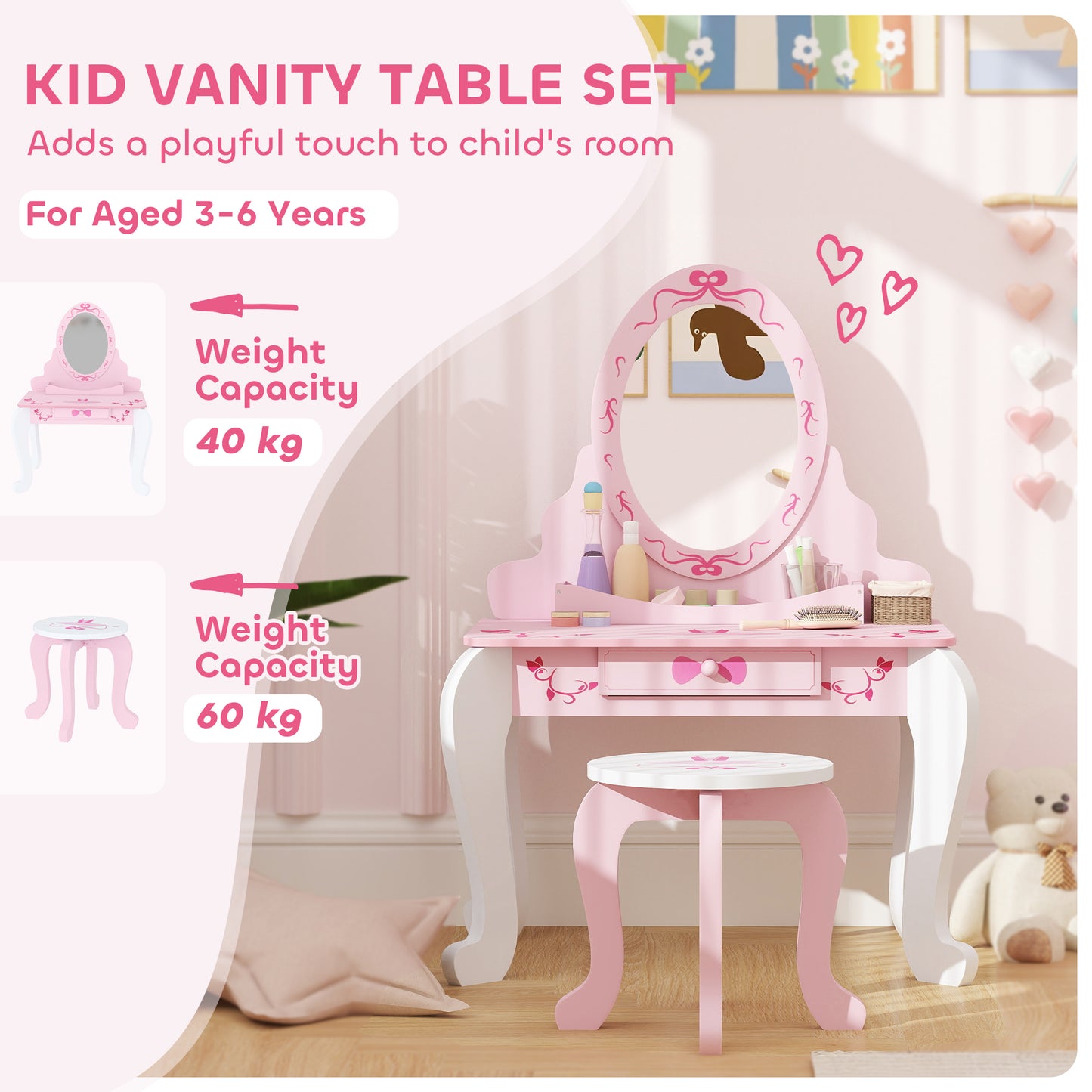 AIYAPLAY Kids Dressing Table Set, Vanity Table With Stool, Mirror, Drawer, Storage, Ballet Theme Pink