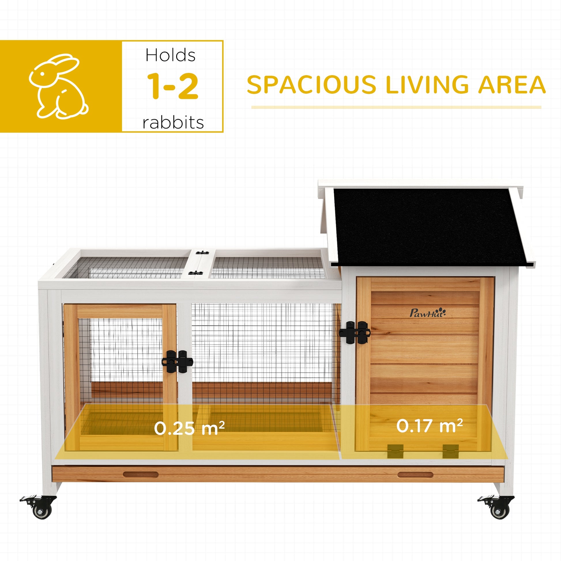 PawHut Wooden Rabbit Hutch Guinea Pig Cage with Removable Tray Wheels Yellow - ALL4U RETAILER LTD