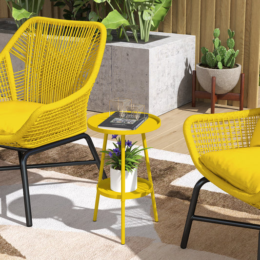Outsunny Two Tier Metal Garden Table Yellow Indoor Outdoor Weather Resistant Patio Accent