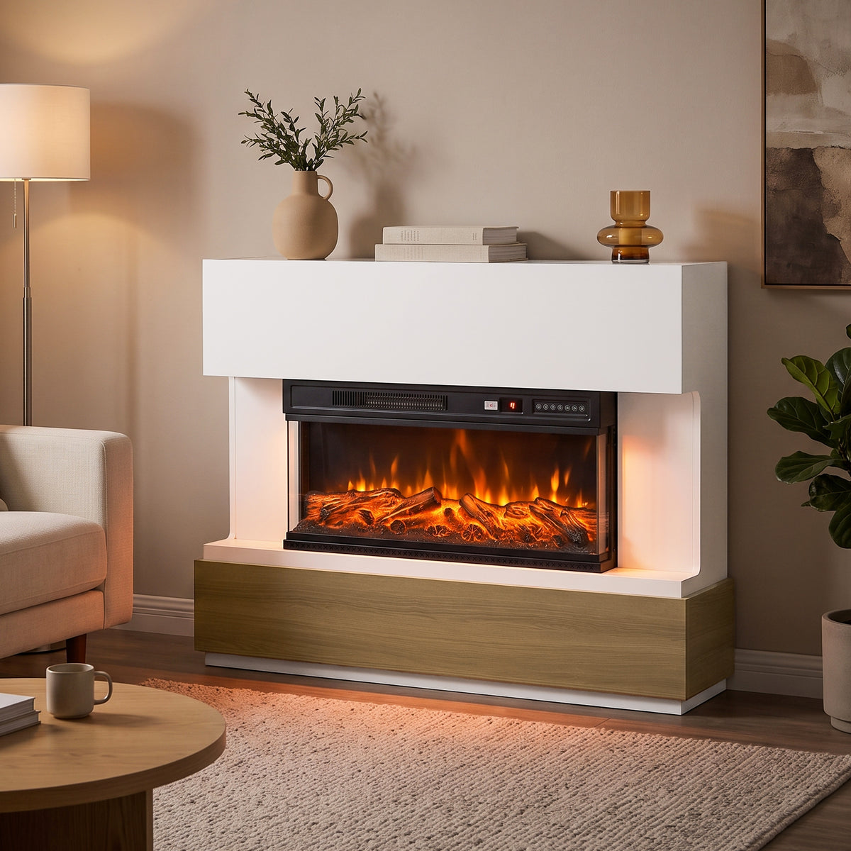 Freestanding electric fireplace with white mantel, wood base, and glowing 3D flame