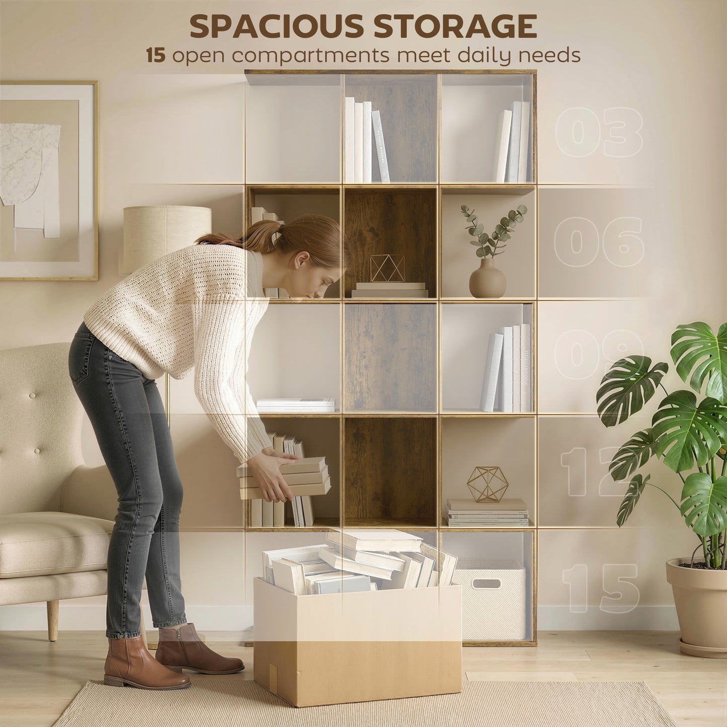 HOMCOM 5 Tier Bookshelf S Shaped Geometric Bookcase 15 Compartments Rustic Brown