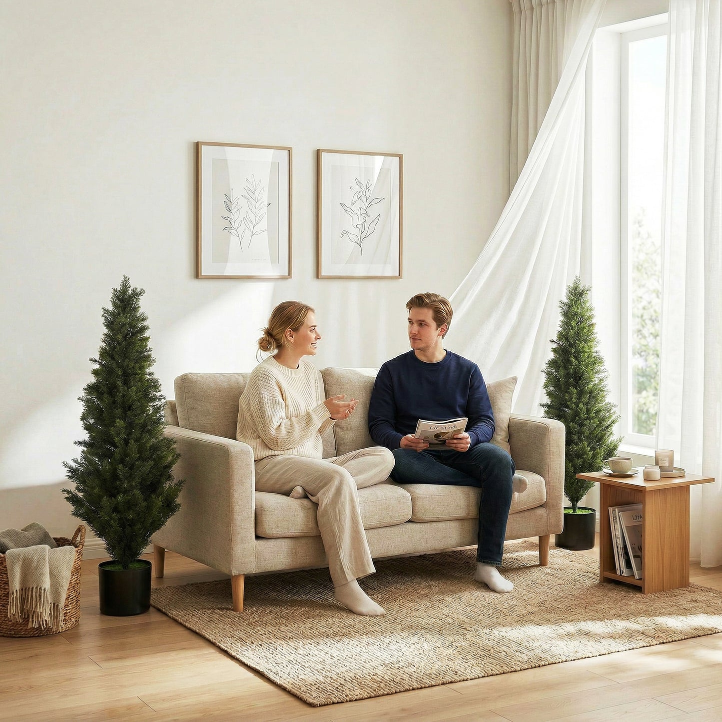 HOMCOM Set Of 2 Decorative Cypress Artificial Topiary Trees In Weighted Pots 120 Cm With 1092 Leaves
