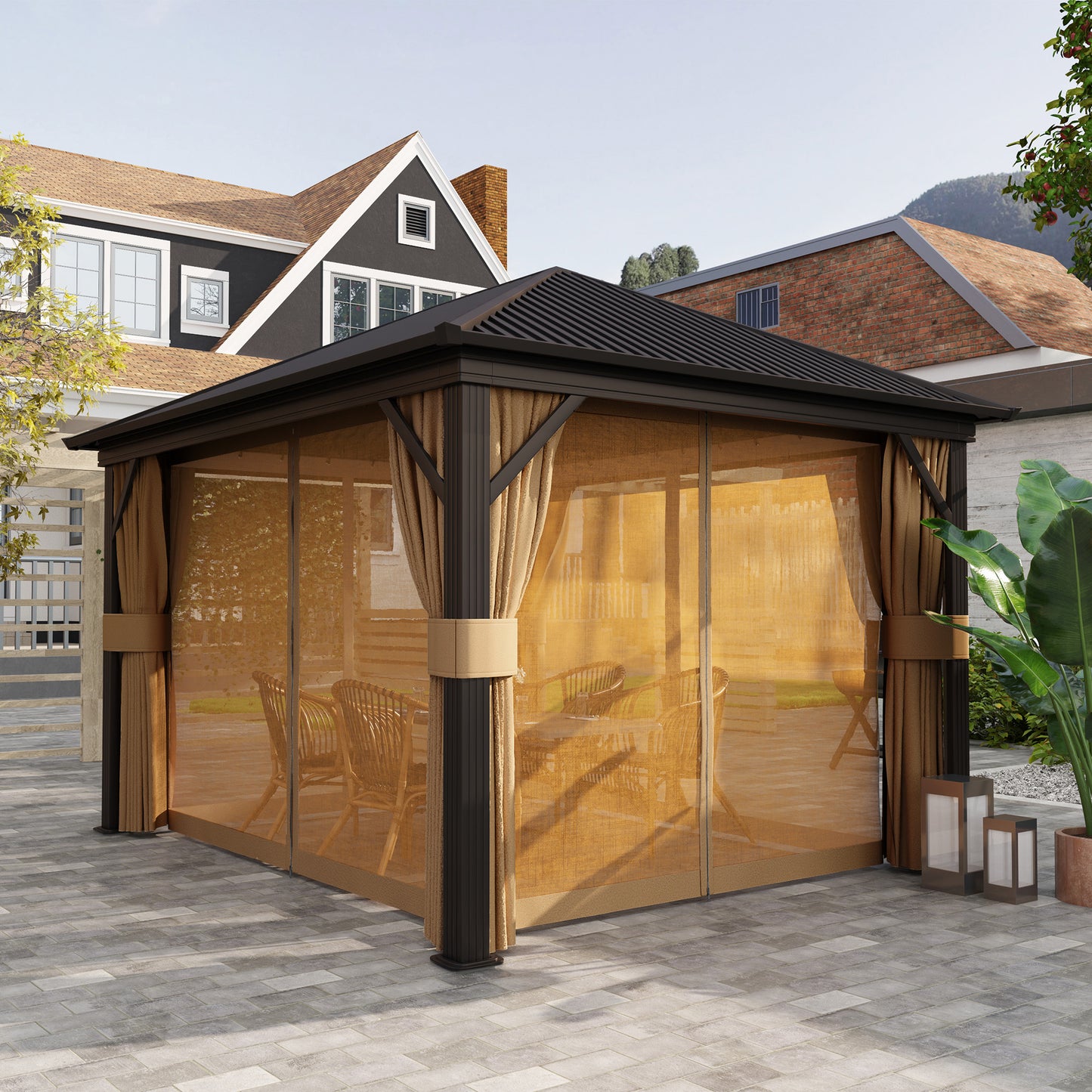 Outsunny 3.6 By 3 Metre Aluminium Hardtop Gazebo With Curtains Mesh Inset Brown With Accessories Included