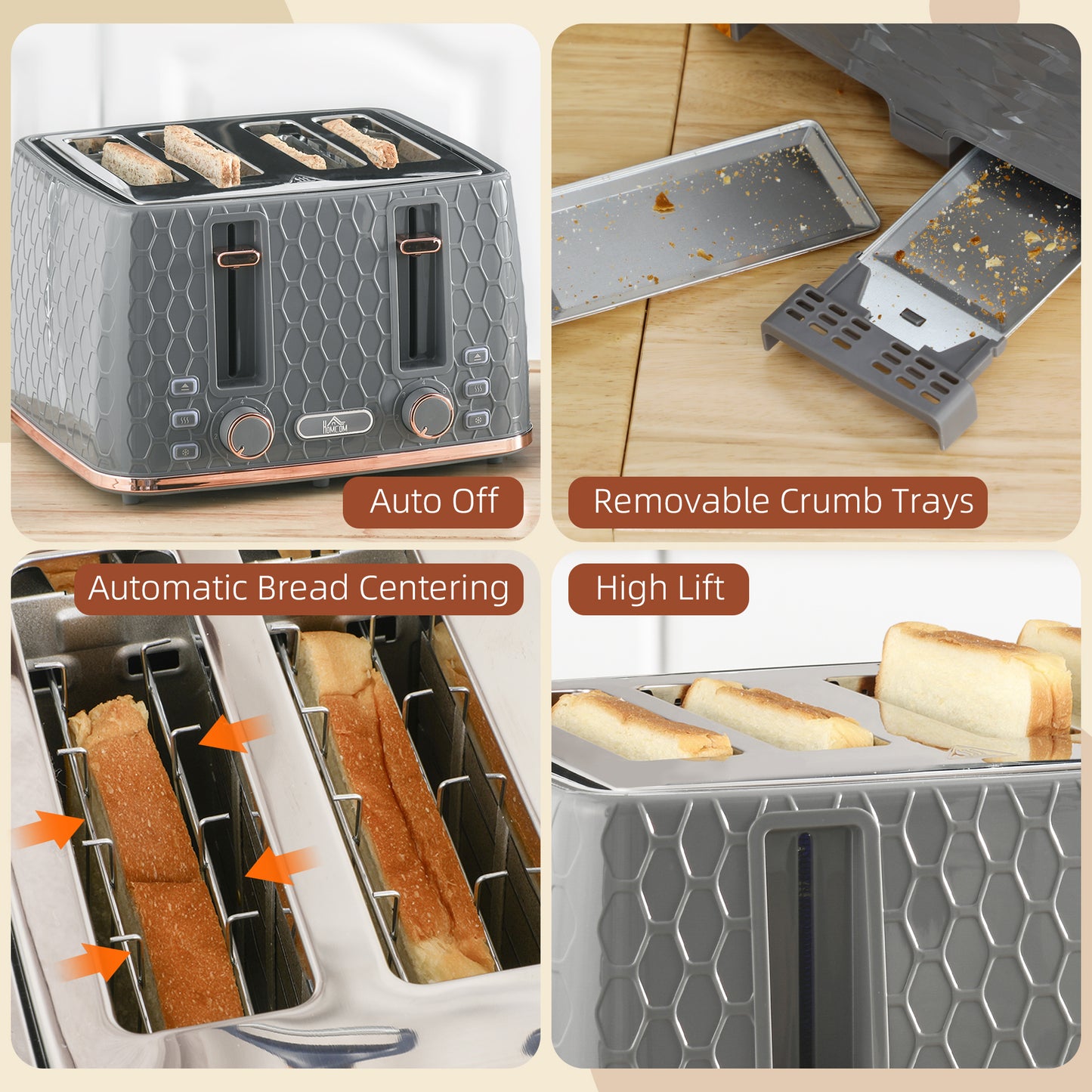 HOMCOM Four Slice Honeycomb Toaster With Seven Toasting Levels And Even Browning In Grey