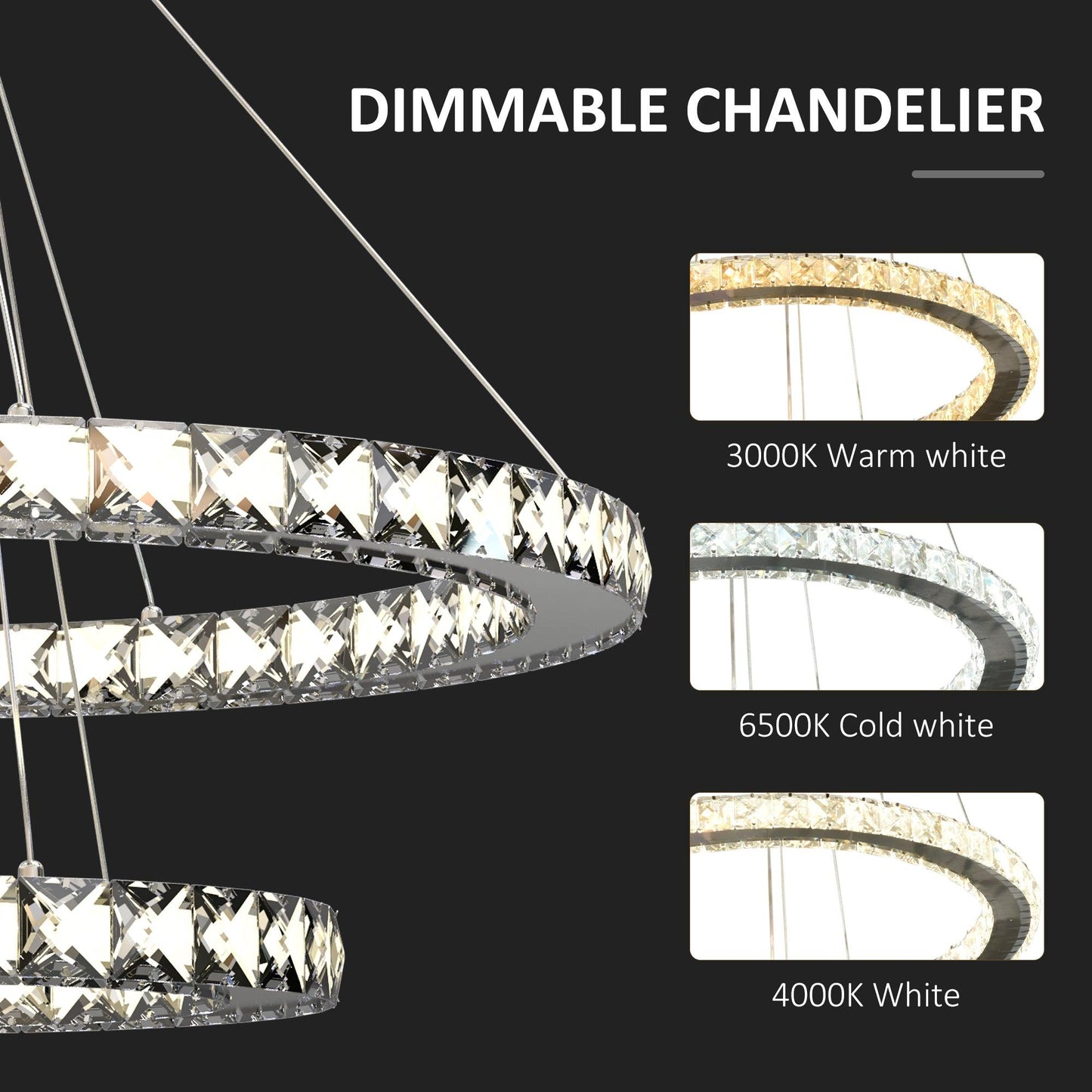 HOMCOM Modern LED Chandelier with Crystal Rings, Dimmable Ceiling Light - ALL4U RETAILER LTD