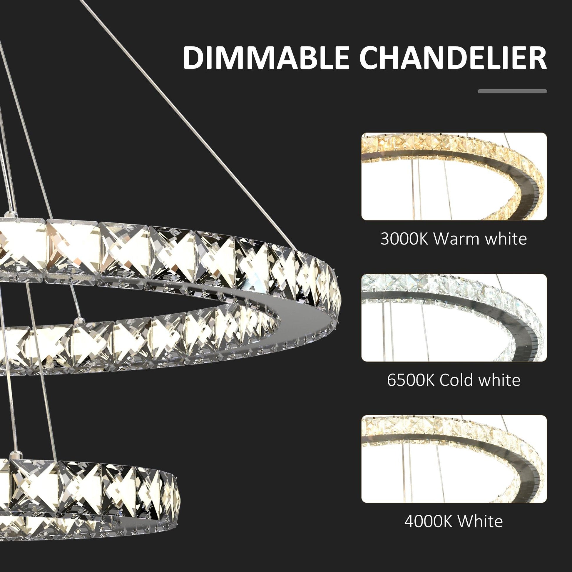 HOMCOM Modern LED Chandelier with Crystal Rings, Dimmable Ceiling Light - ALL4U RETAILER LTD