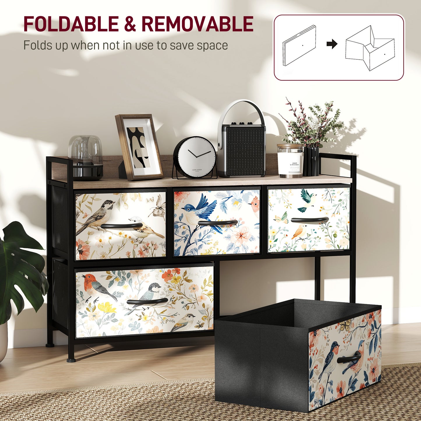 HOMCOM Five Drawer Fabric Chest of Drawers in White With Removable Foldable Fabric Drawers and Patterned Panel Fronts