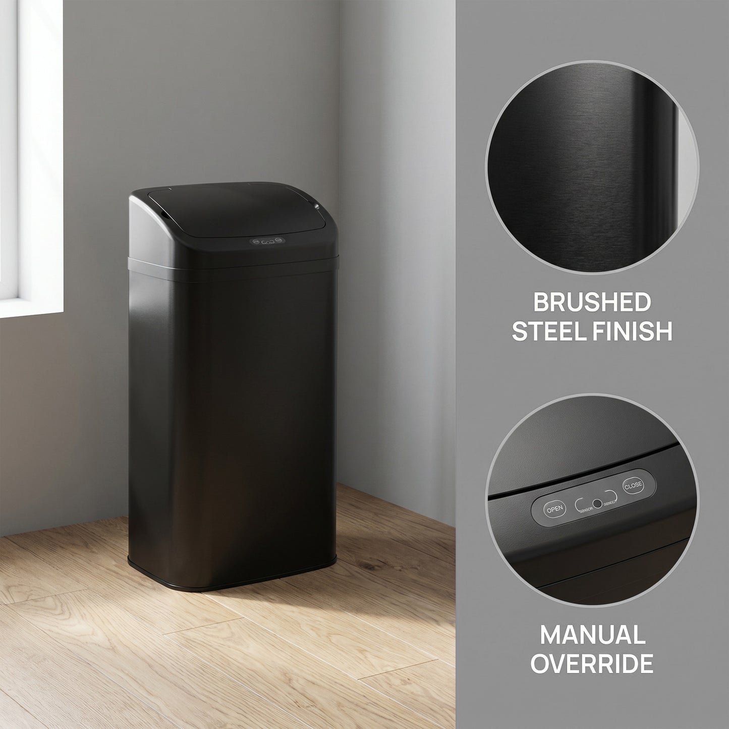 HOMCOM 48L Sensor Bin with Infrared Auto Open Lid Black Galvanised Steel Construction for Hygienic Waste Disposal