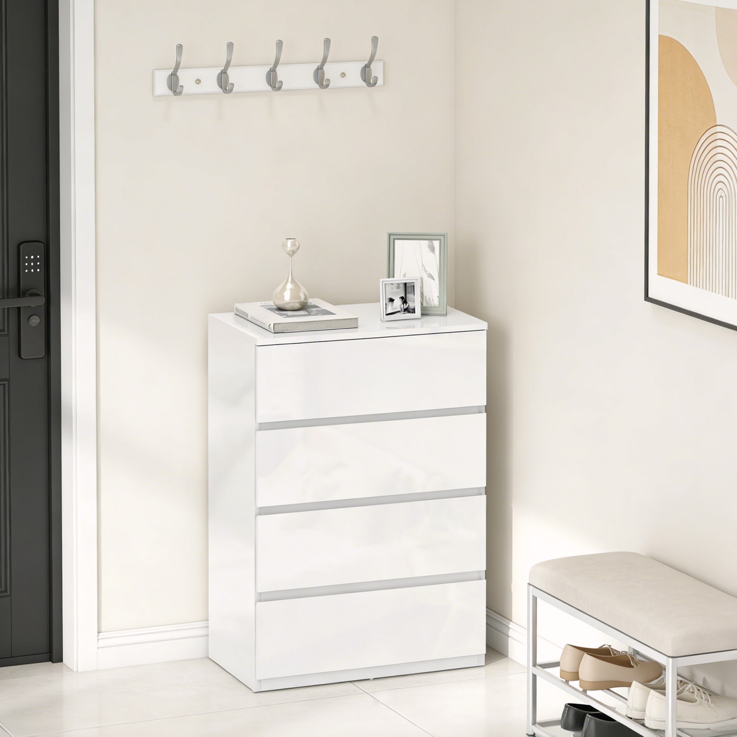 HOMCOM High Gloss Chest Of Drawers 4 Drawer Modern Dresser For Bedroom White Finish Durable And Space Saving