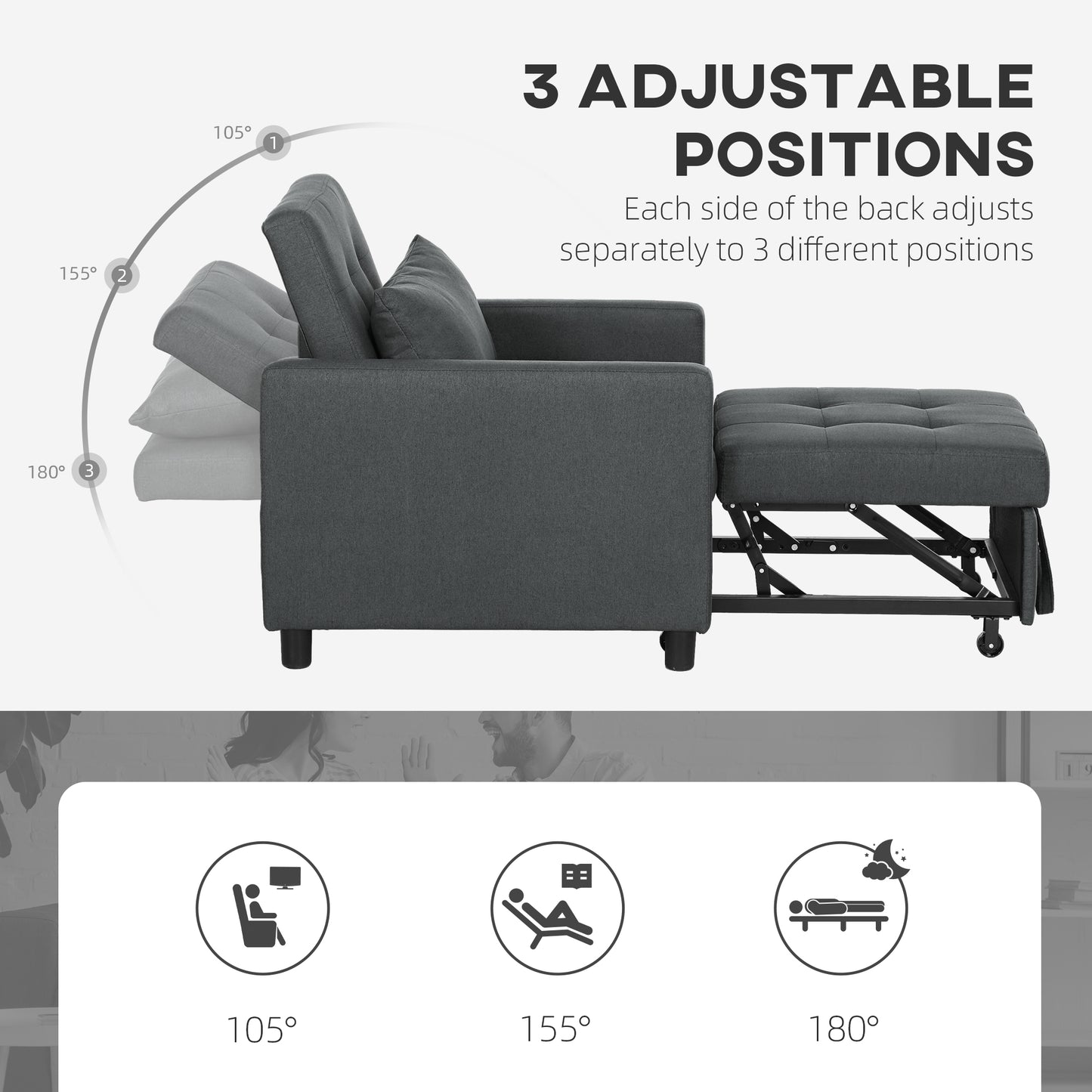 HOMCOM 3-In-1 Convertible Sleeper Chair Bed With Adjustable Backrest Pillow And Footrest For Living Room Dark Grey
