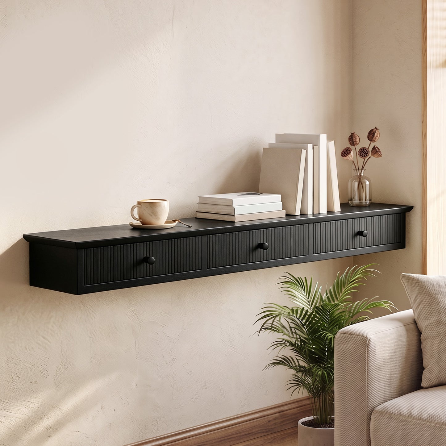 HOMCOM Black Wall Mount Storage Shelf Unit With Drawers For Entryway