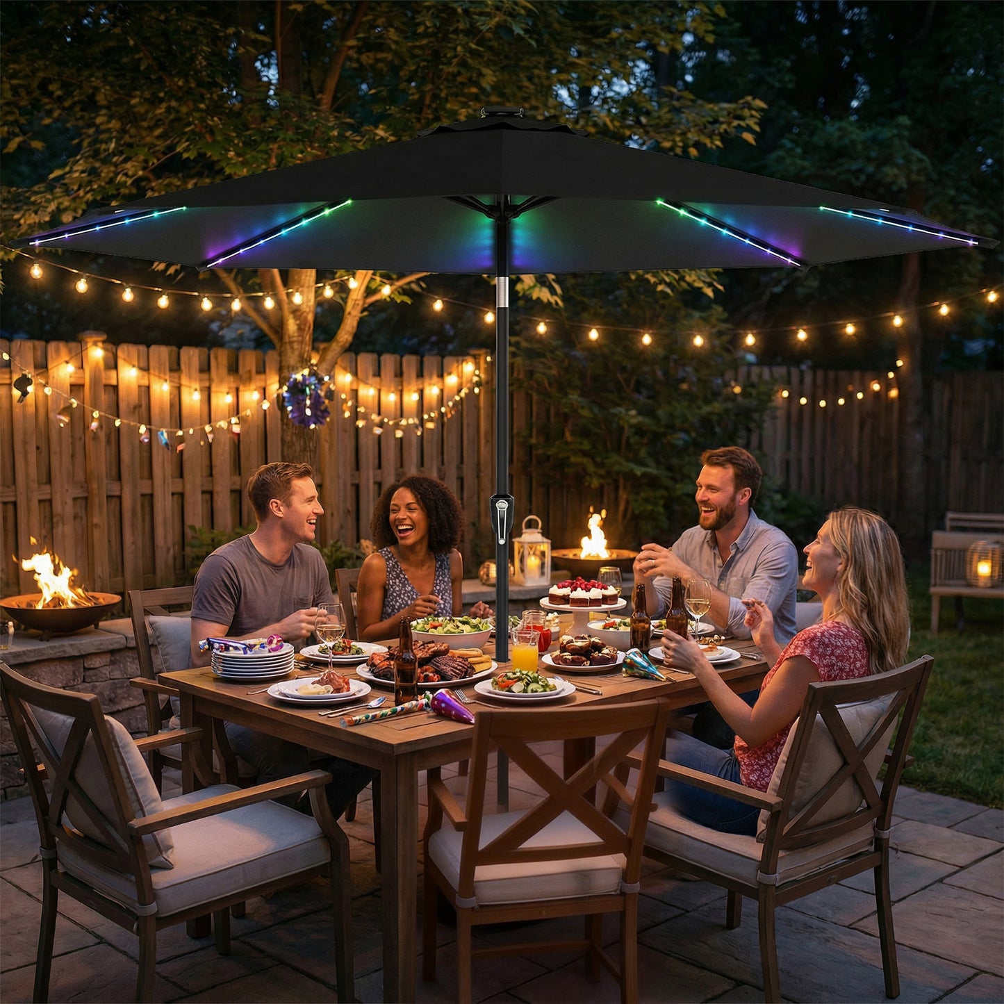 Outsunny 3m Garden Parasol Umbrella With 112 Solar Powered LED Lights USB Charging Crank Handle Black