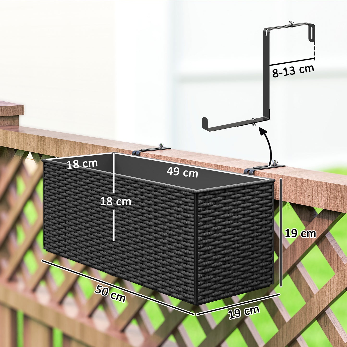 Outsunny Set of Two Rattan Effect Planters Black With Hooks For Balcony Railings And Outdoor Garden Decor