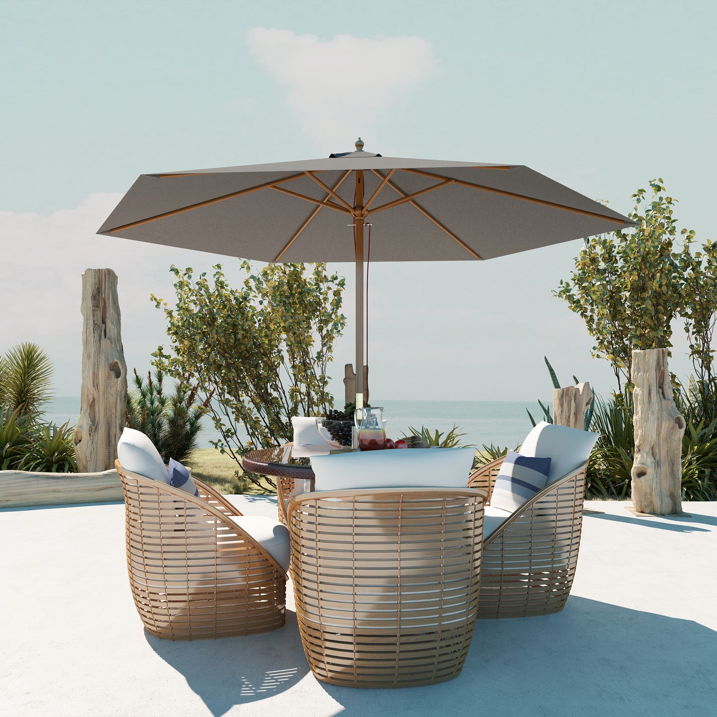 Outsunny 2.5m Wood Garden Parasol Patio Outdoor Umbrella With Vent 38mm Pole Light Grey Rope Pulley Mechanism